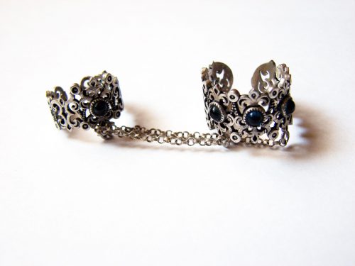 Antique Style Double Rings, Silver Adjustable multi-finger rings, Chains linked Double Rings