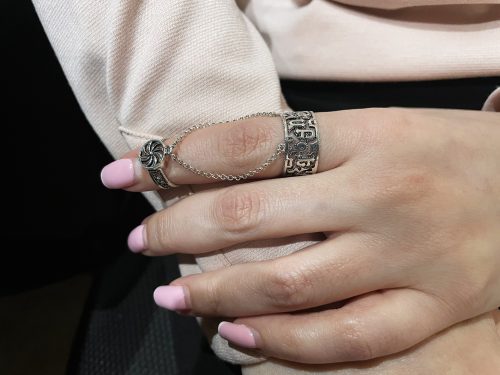 Silver Adjustable multi-finger Rings Armenian Alphabet and Wheel of Eternity. Chains linked Double Rings, Armenian Handmade Jewelry