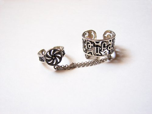 Silver Adjustable multi-finger Rings Armenian Alphabet and Wheel of Eternity. Chains linked Double Rings, Armenian Handmade Jewelry
