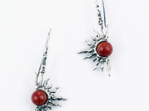 Red Coral Earrings Sun Sterling Silver 925