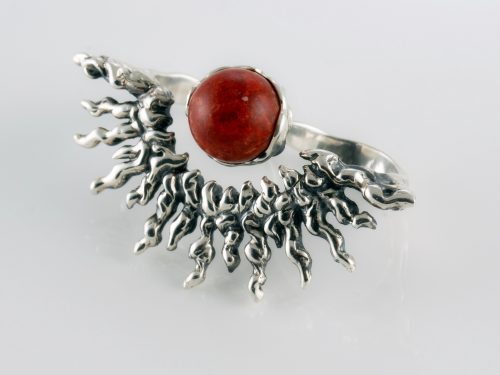 Two Fingers Ring Sun Sterling Silver 925, Red Coral Ring, Double Finger Ring