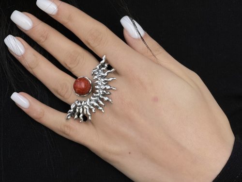 Two Fingers Ring Sun Sterling Silver 925, Red Coral Ring, Double Finger Ring