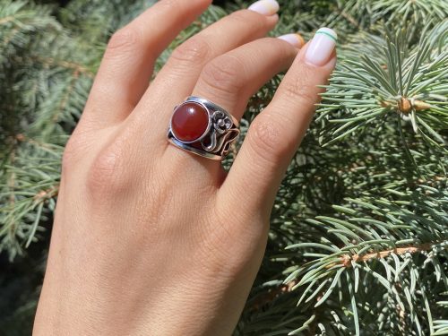 Carnelian Ring Sterling Silver 925, Large Silver Ring  with Carnelian. Wide Band Ring