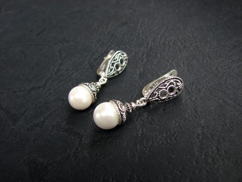 Pearl Earrings Sterling Silver 925 Antique Style, Bridal Jewelry, Hook Drop Earrings, Vintage Earrings