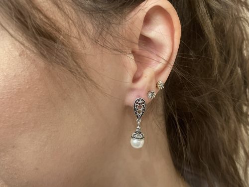 Pearl Earrings Sterling Silver 925 Antique Style, Bridal Jewelry, Hook Drop Earrings, Vintage Earrings