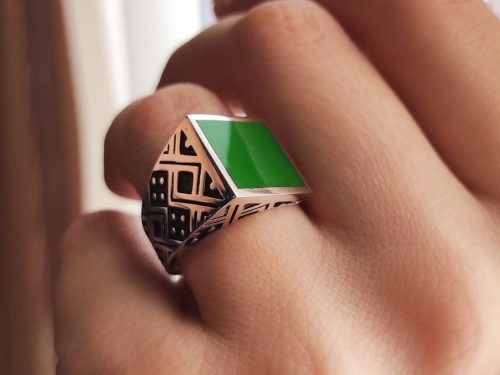 Silver Ring with Green Enamel Unusual Geometric shape