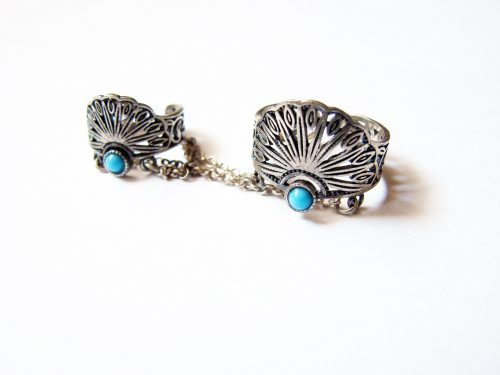 Silver Adjustable Double Rings chain linked with Turquoise Stones
