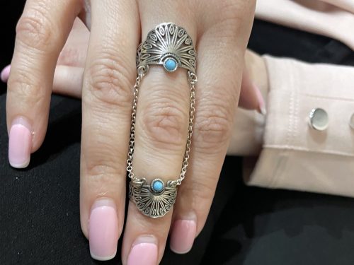 Silver Adjustable Double Rings chain linked with Turquoise Stones