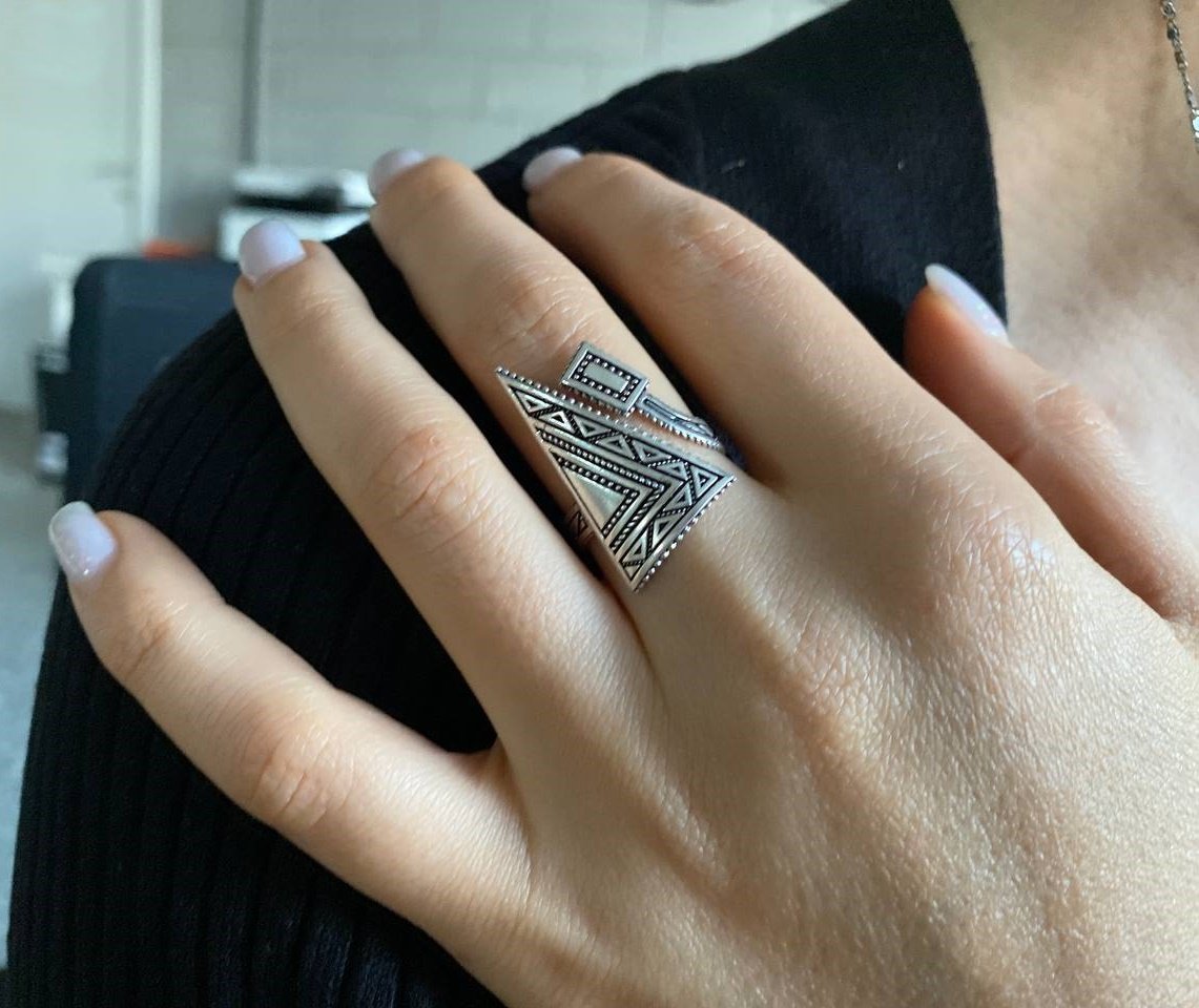 Silver Triangle Ring with Geometric Flair - SunnyArmenia